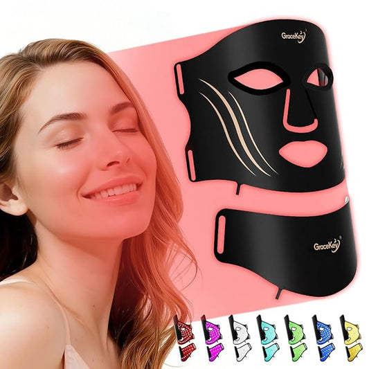 Gracekey Red Light Therapy for Face and Neck, 7-in-1 Colors LED Facial Light Therapy Mask with Neck Masks, 2000mAh Rechargeable Light Therapy with Timer for Home Use