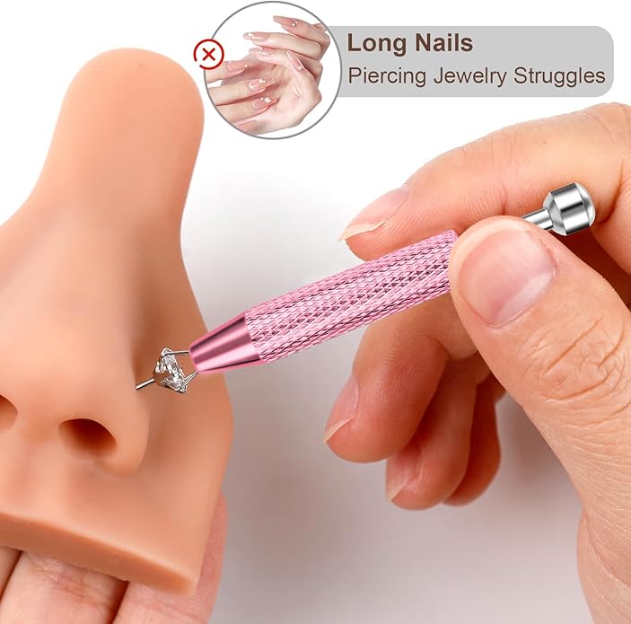 ONESING 2Pcs Piercing Ball Grabber Tool for Changing Jewelry, Stianless Steel Flat Back Earring Applicator Internally Threaded Push Pin Piercing Grabber Tool, Anti Slip 4 Claw Gem Ball Grabber Tool