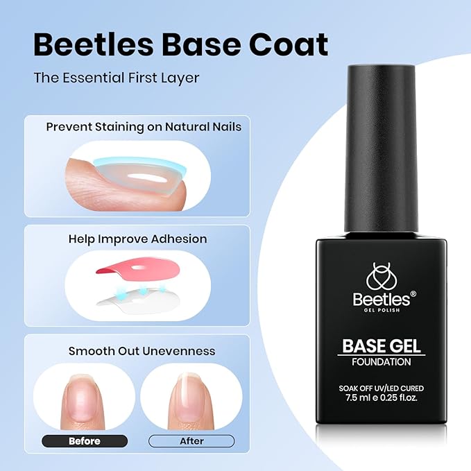 Beetles Gel Top Coat, Matte Top and Base Coat Set, 3 Pcs 10ml Glossy Matte No Wipe Long Lasting Basic Combination Soak Off LED Nail Lamp Art DIY Design Gifts for Women