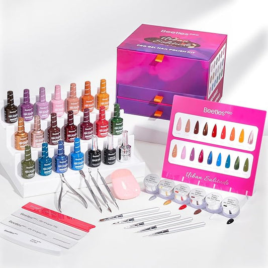 Beetles PRO Gel Polish Kit – Urban Solitude Collection, 18 Colors 15ml Valentines Salon Polish Set with Base Coat, Glossy & Matte Top Coats, 6 Painting Gel For Nails & Tools, UV Nail Lamp Cure Needed