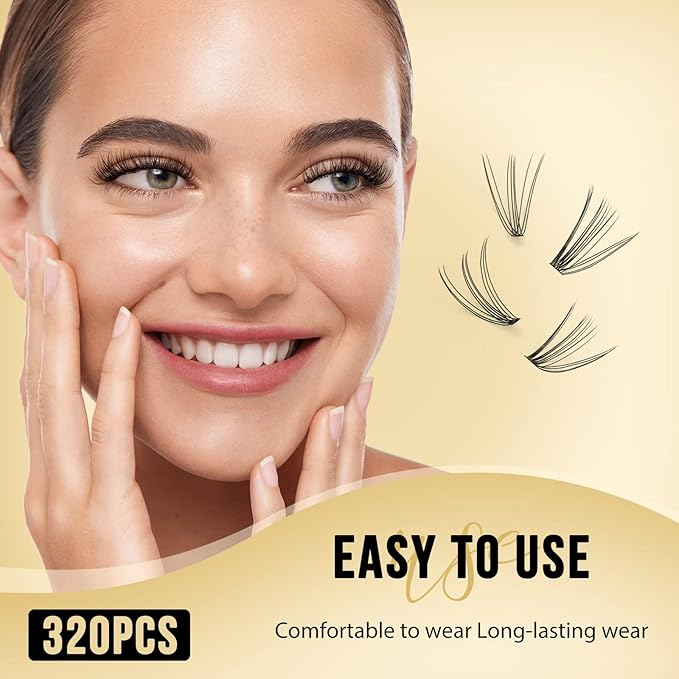 QUEWEL Lash Clusters 320Pcs Cluster Lashes 10D+20D C Curl Lash Cluster Eyelash Extensions Mix12-18mm Individual Eyelashes Clusters Wispy Lash Clusters Thin Band Soft to Use at Home(10D+20D C Mix12-18)