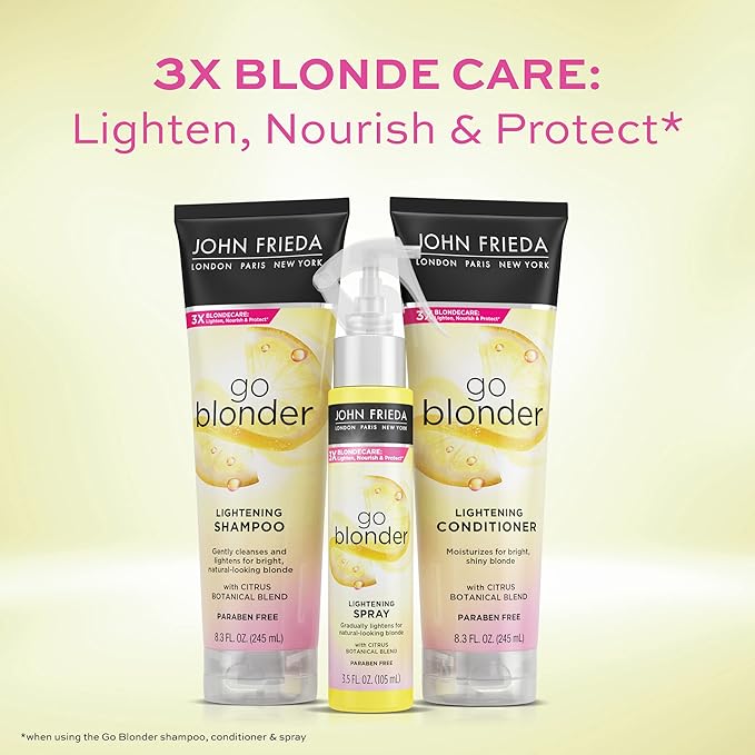 John Frieda Go Blonder Lightening Conditioner, Gradually Lightens Blonde Color, For Natural or Color-Treated Hair, Formulated with Citrus and Chamomile, Paraben Free, 8.3 Oz