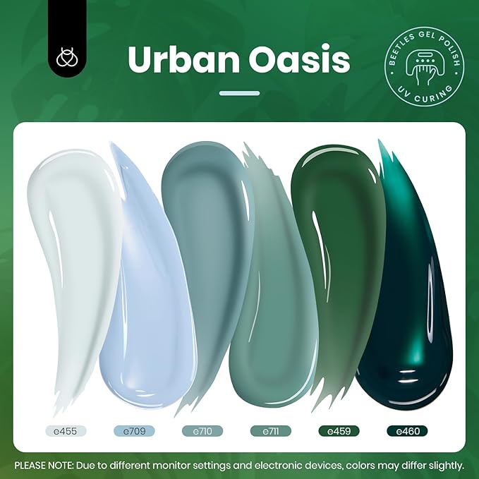 Beetles Gel Nail Polish Set, 6 Colors 15ML Green Gel Nail Polish Kit Nails Misty Gray Dark Green Baby Blue Full Size Nail Gel Polish Soak Off UV Lamp DIY Manicure Salon Gifts for Women