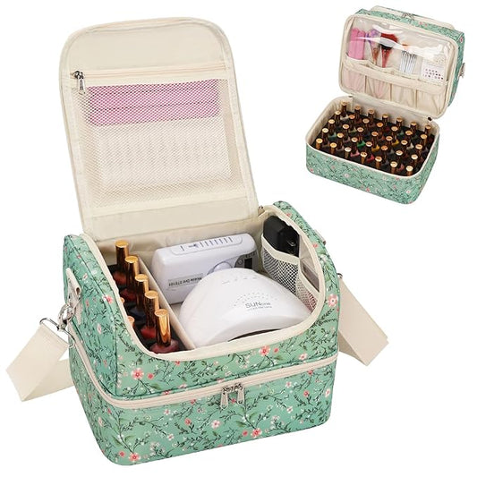 Nail Polish Organizer Case, Floral Print Nail Bag Holds 45 Bottles & Full-Size Lamp, 2-Layer Nail Kit Bag Organizer for Manicure Tools & Nail Supplies Storage