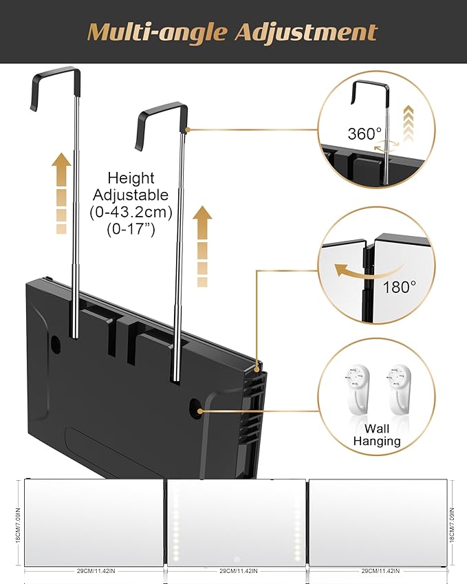 JUSRON 360 Viewing Angle Self Hair Cutting Mirror, Clear Anti-Fog HD Glass (Black with LED with Accessories)