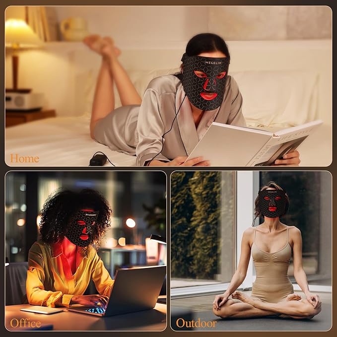 MEGELIN 7 Colors Led Light Therapy Facial Mask, Face Light Therapy Mask for Face, Reduce Wrinkles Smooth Skin, Infrared Light Skin Rejuvenation(Black)