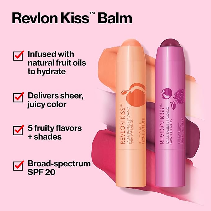 Revlon Kiss Tinted Lip Balm with SPF 20, Hydrating, Flavored, Infused with Natural Fruit Oils, 025 Fresh Strawberry, 0.09 oz