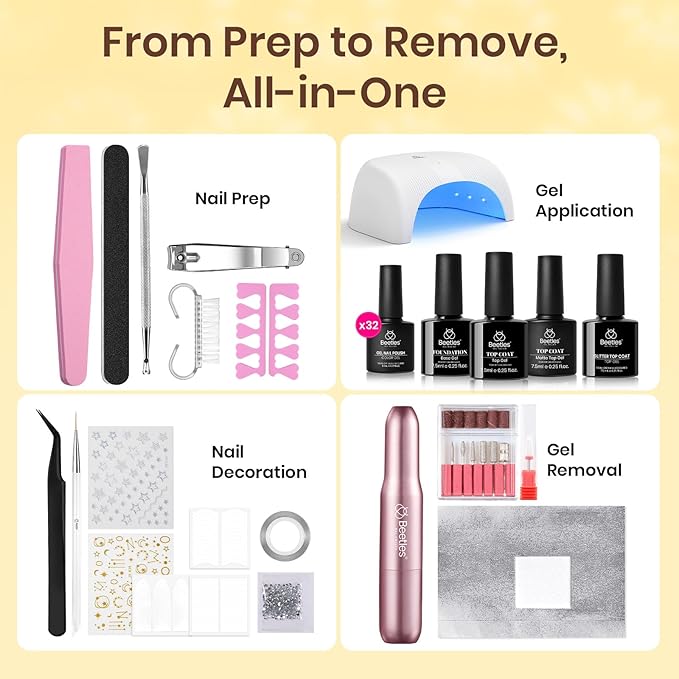 Beetles Gel Nail Polish Kit with U V Light and Nail Drill - 55Pcs Gel Nails Kit 32 Color LuliCore Polka Set with Base Top Coat Professional Manicure Set Home Salon DIY Gifts for Women Teens Girls