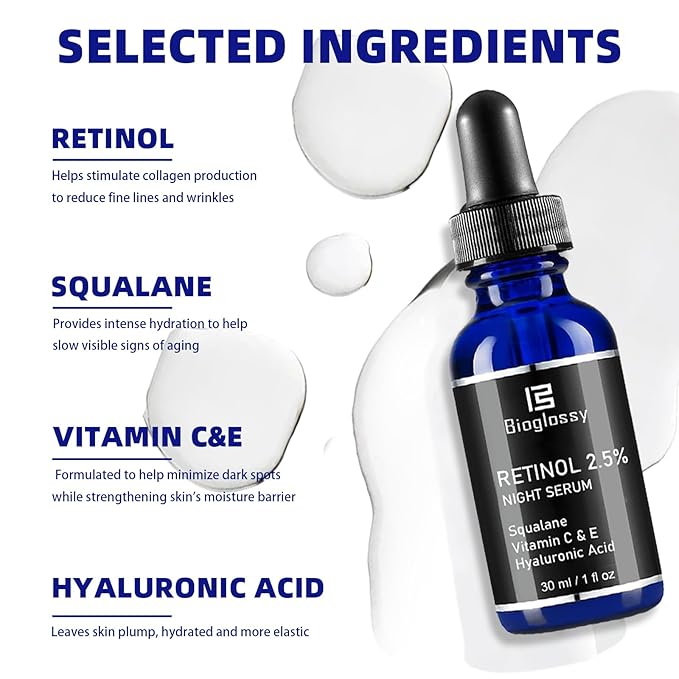 Retinol Serum for Face, 2.5% Retinol Intense Night Serum with Squalane,Vitamin C & E & B3,Hyaluronic Acid for Lines, Wrinkles & Premature Sun Damage to Resurface & Hydrate 30 ml/ 1 Fl oz