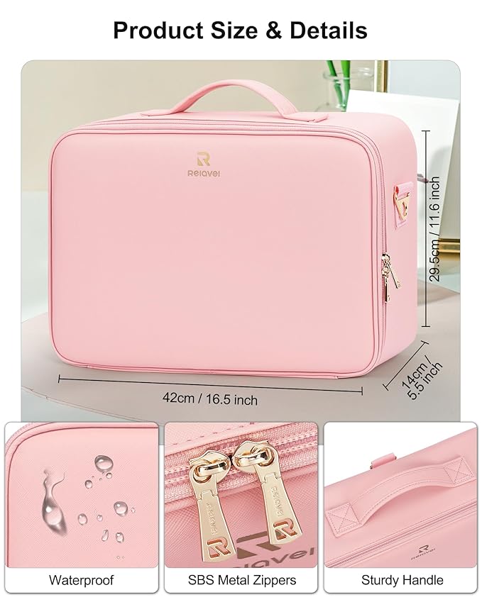 Relavel Large Makeup Case with LED Mirror, Train Cosmetic Case with Separate Brush Board, Professional Makeup Organizer Storage with Detachable Dividers for Makeup Artists, Hairstylist - Pink