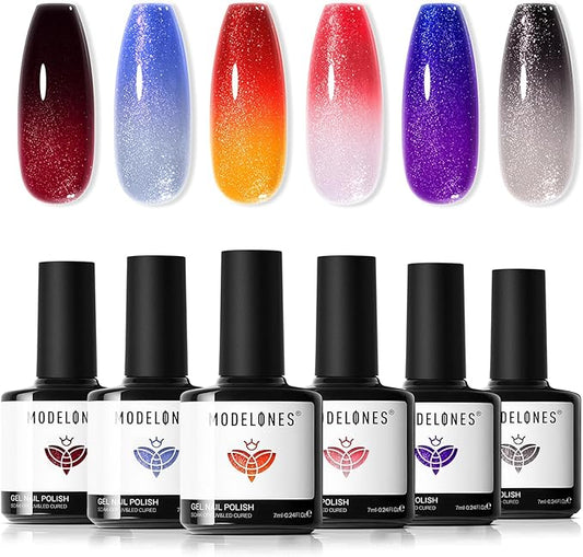 modelones Color Changing Gel Nail Polish Set, 6 Colors Temperature Changing Mood Red Black Blue Glitter Gel Polish Colors Collection Soak Off Christmas Gifts New Year Holiday Salon DIY at Home