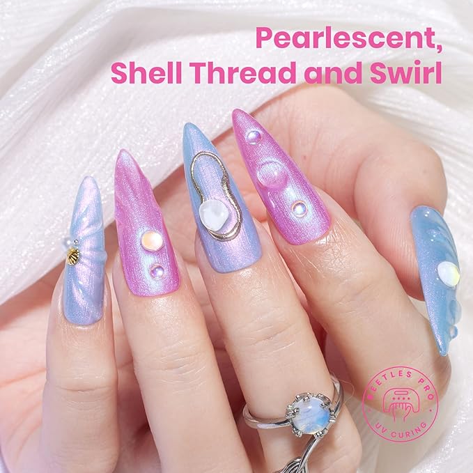 beetles Pearl Gel Polish Set - Ocean Whisper Collection, 15ml Shimmer White Pink Purple Mermaid Nail Swirl Shell Thread Polish Soak Off Uv Gel Polish Effect DIY Manicure Gift for Women