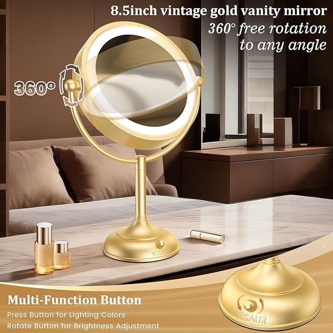 VESAUR 8.5'' Large Gold Lighted Makeup Mirror, 1X/10X Clear Seamless Magnifying Mirror, Bright Vanity Mirror with 3 Colors Dimmable Lights, Two-Sided 360°Rotation Stable Base, Luxury Nickel, Gift Box