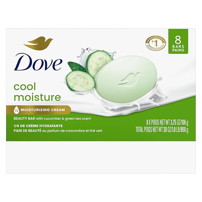 Dove Beauty Bar Soap Cool Moisture Cucumber & Green Tea Scent, 8 Bars for Refreshed Skin, Leaves Skin Refreshed 3.75 oz