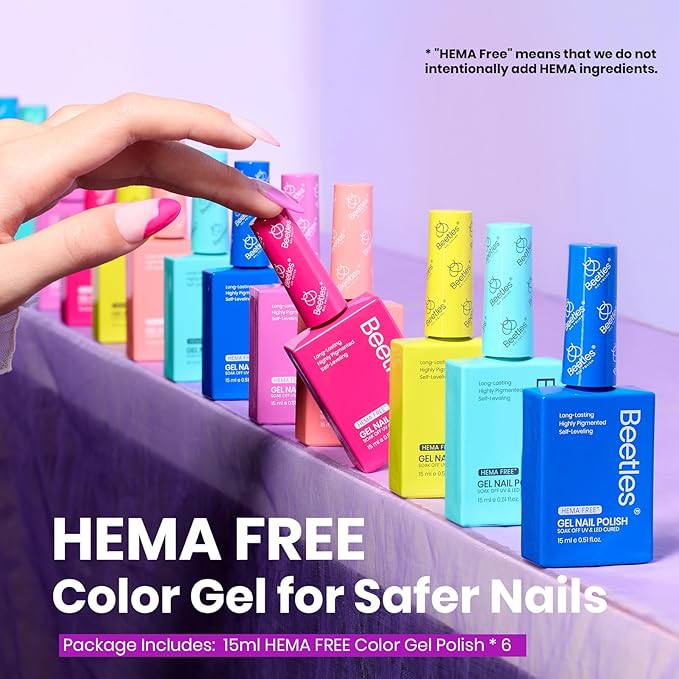 Beetles Neon Gel Nail Polish Set - 6 Colors, 15ML Same Color Bottle, Hema Free Pink Green Coral Purple Blue Neon Gel Nail Polish Set, Soak Off UV Lamp Nail Art, Professional Salon Spring Nails