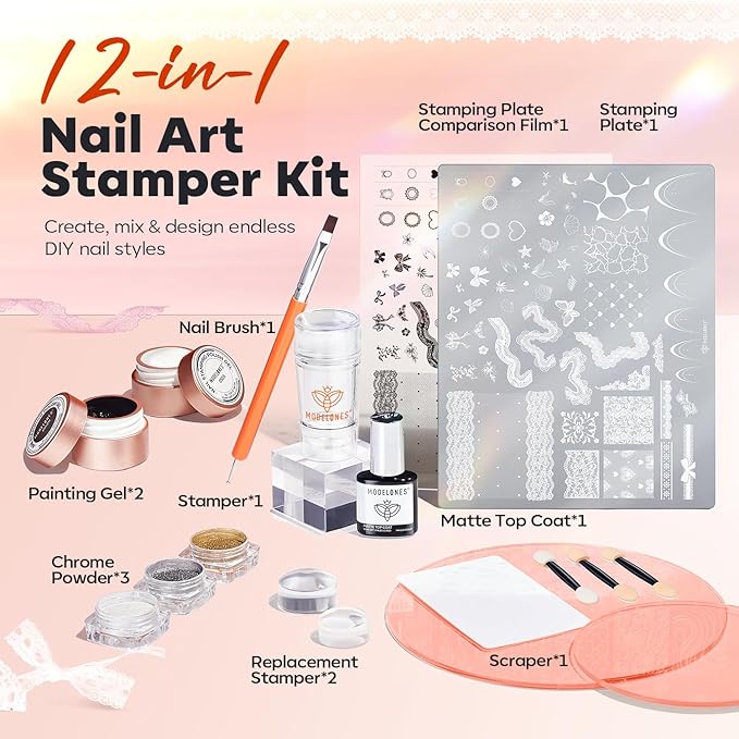 modelones 16PCS Lace Nail Stamping Kit – French Tip Stamper White Black Painting Gel Polish Chrome Powder Proof Matte Gel Top Coat Gingham Template Dual Nail Art Brush Spring Manicure Gift for Women