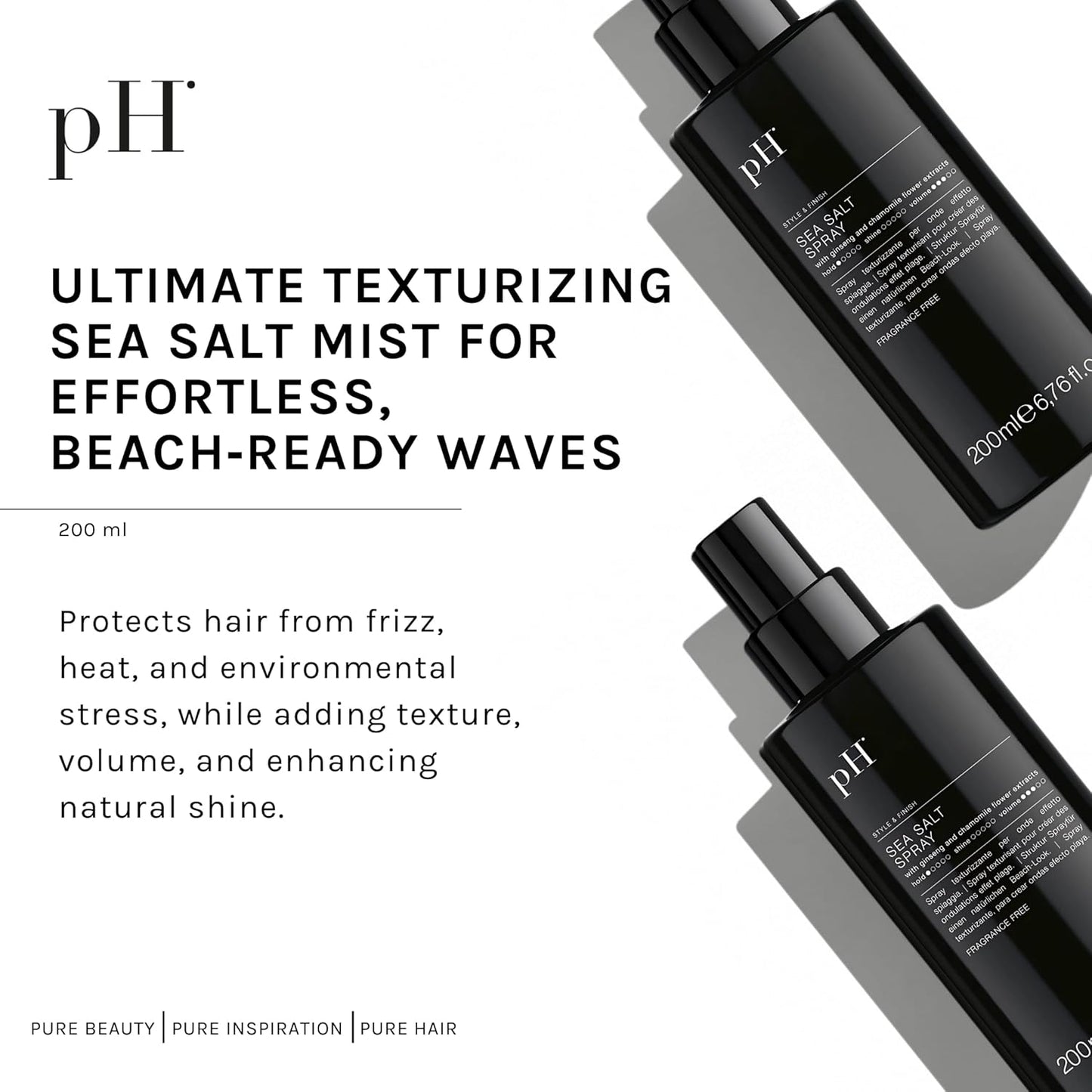 pH PURE HAIR Sea Salt Spray for Beach Waves - Volumizing Hair Spray for All Hair Types - Lightweight Unscented Formula for Textured Wavy Hair - Perfect for Curly, Wavy & Straight Hair - 6.76 Oz
