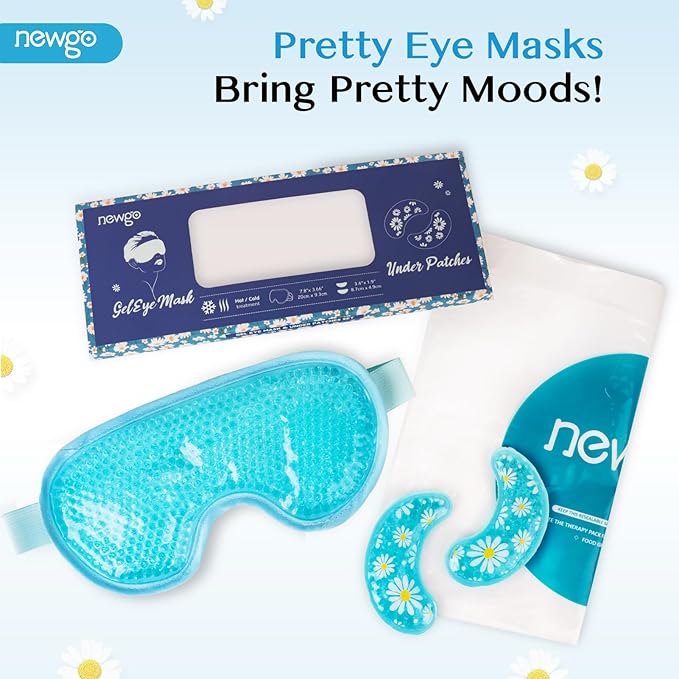 NEWGO Cooling Eye Mask for Puffy Eyes, Cold Eye Mask Eye Ice Pack for After Eyes Surgery, Tension Stress Relief, Itchy Eyes, Headaches, Dark Circles - Blue (1 Set Eye Pad and Eye Mask)
