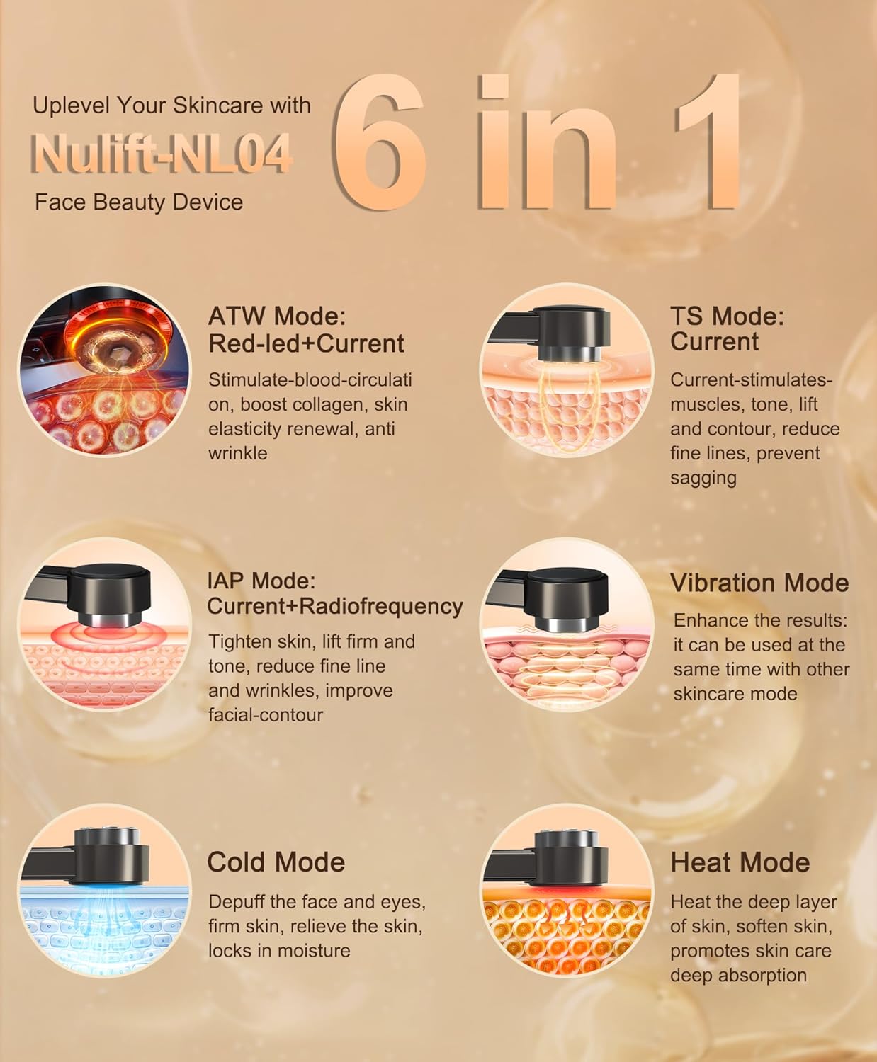 Radio Frequency Skin Tightening Device | 6 in 1 Home RF Face Beauty Device | Professional Facial Skin Tightening | Lifting | Wrinkle Reducing | Anti Aging | Depuff | Increase Absorption(with Gel)