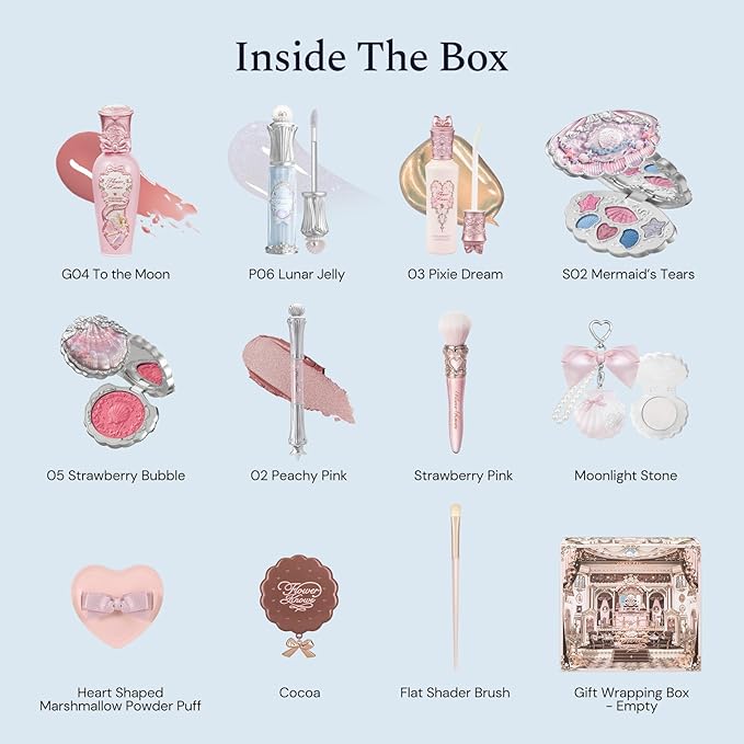 Flower Knows Shell’s Jewel 13-Piece Makeup Gift Box Set,Lip Gloss×2+Blush×1+ Eyeshadow Palette×1+Highlighter×3+Hand Mirror×1+Hair Clip×1+Mini Powder Puff×1+Blush Brush×1+Eyeshadow Brush×1+Gift Box×1