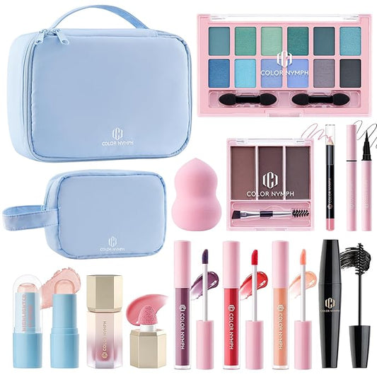 Color Nymph Makeup Sets for Women Teen Girls with 2-in-1 Travel Handbag, All In One Makeup Kits Full Kit Includes Eyeshadow Lipgloss Eyebrow Powder Highlighter Blush Mascara Eyeliner Lipliner & Puff