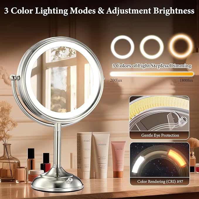 Professional 8.5" Large Lighted Makeup Mirror with Brighter Lights, 1X/10X True HD Magnifying Mirror with 3 Color Dimmable Lights, 90 Shadowless LEDs, 360°Swivel Seamless Vanity Mirror, Pearl Nickel