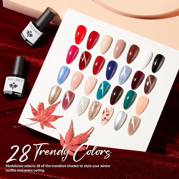 modelones 32 PCS Gel Nail Polish Kit, 28 Colors Christmas Gel Polish with Blooming Gel, Base Coat, Glossy & Matte Top Coat Cat Eye Jelly Glitter Chameleon Soak Off LED Nail Art Kit Salon at Home