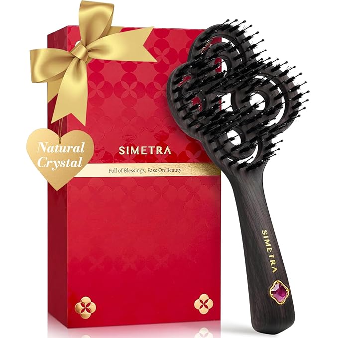 Simetra Detangler Hair Brush for Women and Men, Holiday Present - Original Detangling Brush for Curly Hair/Wet & Dry Hair, Natural Boar Bristles Hairbrush - Natural Crystal Inlay & 14K Gold Plating