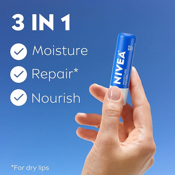 NIVEA Moisture Lip Care, Hydrating Lip Balm with Shea Butter, Nourishing Oils and Vitamin C & E, 3-in-1 Moisture, Repair and Nourish, Holiday Gifts for Self Care, 0.17 Oz Stick, Pack of 4