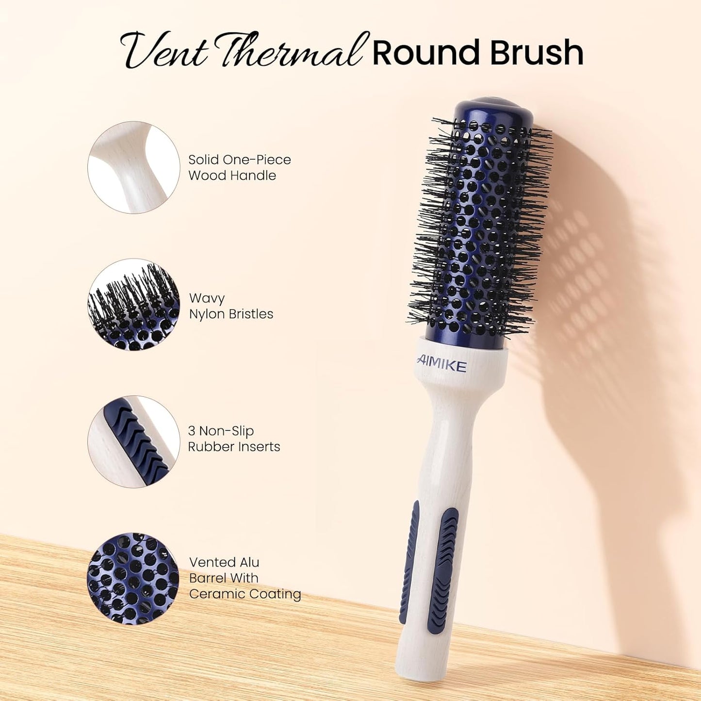 AIMIKE Nano Ionic Tech Small Round Brush, Ceramic Round Brush for Blow Drying, Styling and Boost Volume, Natural Wood Round Hair Brush, One Piece Design - 1.4 Inch/35mm