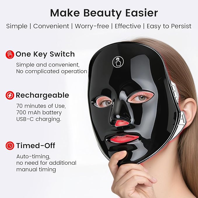 SUERBEATY Red Light Mask For Face, 7-1 Colors Red Light Face Mask, Facial Skincare At Home, Cordless, Portable and Rechargeable,Black