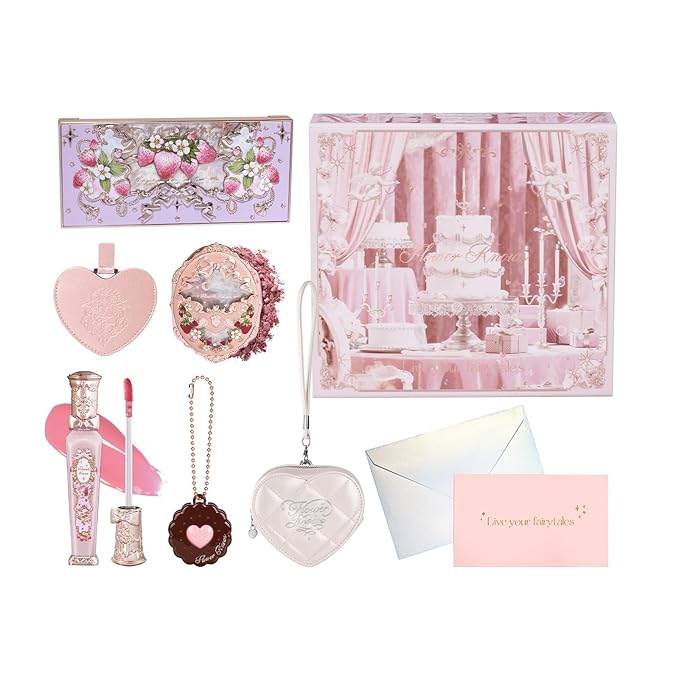 Flower Knows Feb-Blush Bliss Makeup Box Set,8-Piece Beauty Kit,Includes Make-up Palette,Lipgloss,Eyeshadow,Blush,Powder Bag Charm,Mirror,Wishes Card,Box,Perfect Valentine,Make Up Gift for Women&Girls