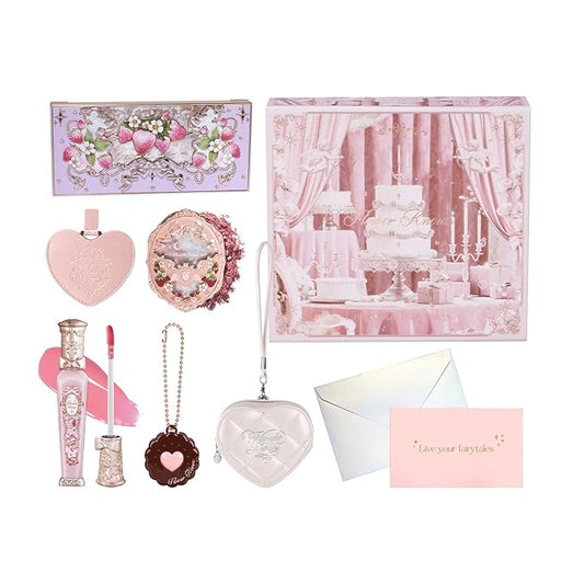 Flower Knows Feb-Blush Bliss Makeup Box Set,8-Piece Beauty Kit,Includes Make-up Palette,Lipgloss,Eyeshadow,Blush,Powder Bag Charm,Mirror,Wishes Card,Box,Perfect Valentine,Make Up Gift for Women&Girls