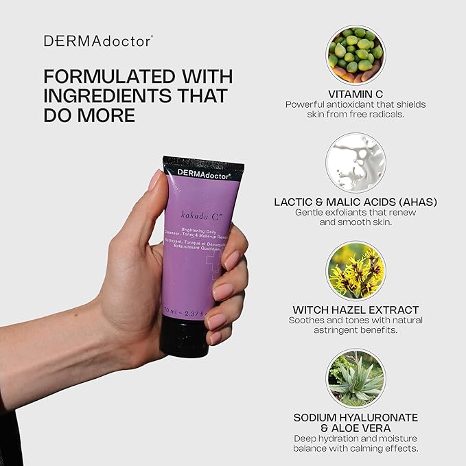 DERMAdoctor Vitamin C Face Wash – Daily 3-in-1 Vitamin C Cleanser & Makeup Remover Face Wash That Tones, Clears Pores, Lifts Oil, and Removes Sunscreen & Pollutants with Potent Kakadu Plum – 2.37 oz