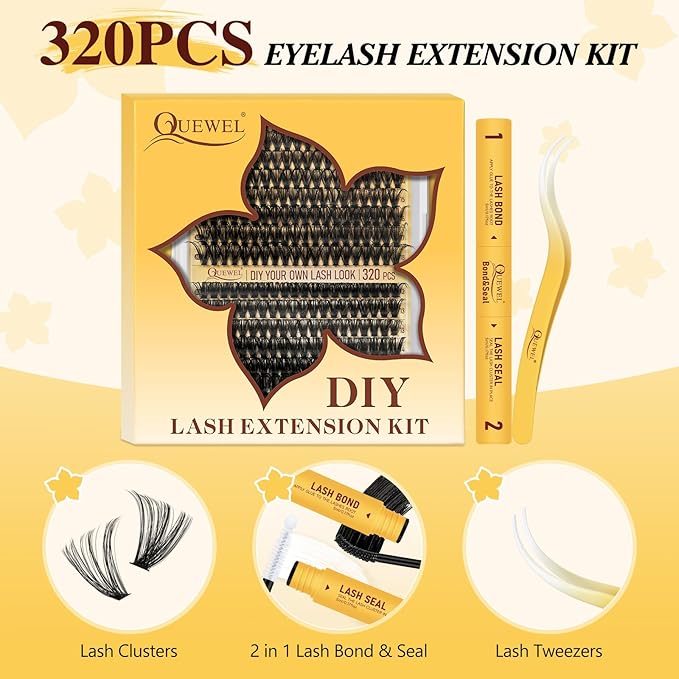 QUEWEL Lash Clusters Kit, 320Pcs 60D+80D Lash Cluster Eyelash Extensions Mix 12-18mm 3D Eyelash Clusters with Lash Bond and Seal and Lash Tweezers Easily Create 3D Lashes Clusters at Home(60+80D Kit)