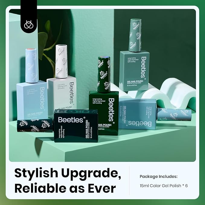 Beetles Gel Nail Polish Set, 6 Colors 15ML Green Gel Nail Polish Kit Nails Misty Gray Dark Green Baby Blue Full Size Nail Gel Polish Soak Off UV Lamp DIY Manicure Salon Gifts for Women