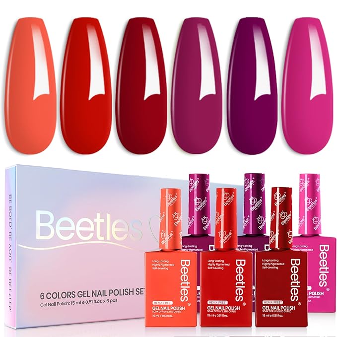 Beetles Red Purple Gel Polish Set - Spring Valentines Gel Polish Set 6 Colors Red Purple Pink 15ML Hema Free Soak off Uv Led Lamp Nail Art DIY Salon Manicure Gifts for Women Fiery Passion