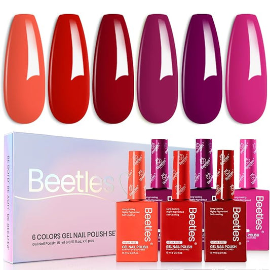 Beetles Red Purple Gel Polish Set - Spring Valentines Gel Polish Set 6 Colors Red Purple Pink 15ML Hema Free Soak off Uv Led Lamp Nail Art DIY Salon Manicure Gifts for Women Fiery Passion