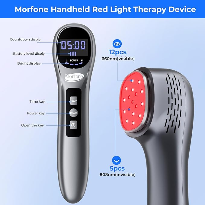 Morfone Handheld Red Light Therapy Device - Infrared Light 5 x 808nm + 12 x 650nm, Wireless Cold Infrared Red Light Wand with Stand & Glasses for Home Use, Gift Idea, Grey