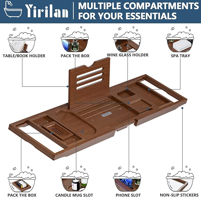 Yirilan Luxury Bathtub Tray Caddy, Expandable Bath Tray, Unique House Warming Gifts, New Home, Anniversary and Wedding Gifts for Couple, Bridal Shower Gift for Women