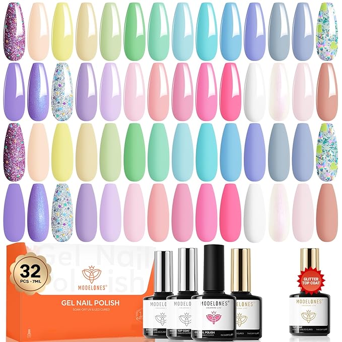 modelones 32 PCS Spring Gel Nail Polish Set, 28 Colors Pastel Gel Polish with No Wipe Base Coat, Glitter & Glossy & Matte Top Coat Maracon Colors Soak Off LED Nail Art Kit