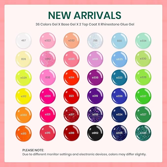 Beetles Gel Nail Polish Set-36 Colors Rainbow Nails Neon Juicy Picnic Party Collection & Rhinestone Gel Nail, 46Pcs Fruit Bubbles Nails Blue Green Pink Color with Top Base Coat Liner Brush