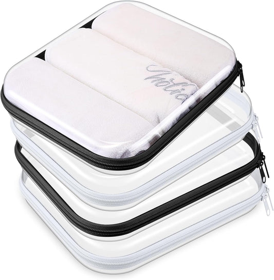 Hoolerry 4 Pcs Hard Clear Zipper Case Makeup Bags Plastic Pencil Pouch Transparent Storage Box Containers for Cosmetics, Snacks, Building Blocks, Puzzles(Black and White,9.8 x 7.9 x 2 in)