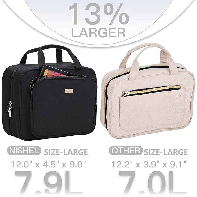 NISHEL Travel Toiletry Bag for Women, Makeup Essentials Organizer, Hanging Case for Accessories, Cosmetics, Large Size, Black