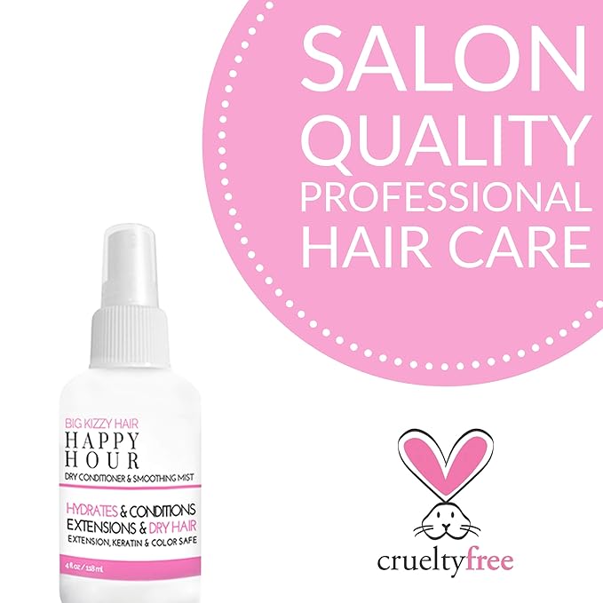 Big Kizzy Happy Hour Dry Conditioner Spray - Marula Oil adds Moisture + Shine to dry and damaged hair - Smoothing Spray removes Frizz on all Hair Types and Textures with No Residue, 4 oz