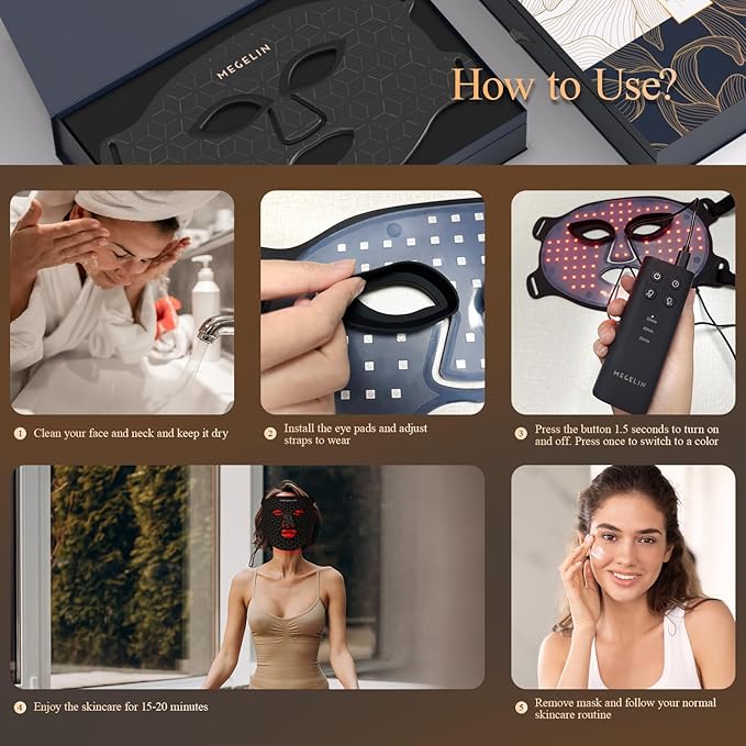 MEGELIN 7 Colors Led Light Therapy Facial Mask, Face Light Therapy Mask for Face, Reduce Wrinkles Smooth Skin, Infrared Light Skin Rejuvenation(Black)