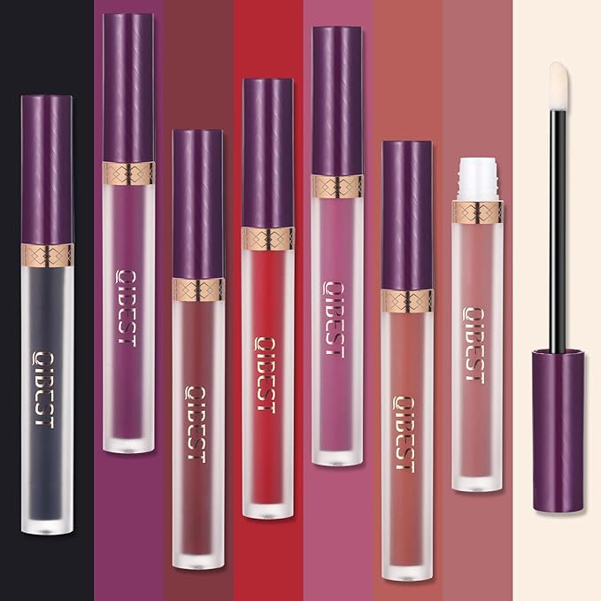 QiBest 7Pcs Matte Liquid Lipstick wiith 1Pc Lip Plumper Makeup Set, Dark Black Purple Lipstick Goth Halloween Lip Set Waterproof Lip Gloss Kit Pigmented Long Lasting Lipstick Makeup for Women & Girls