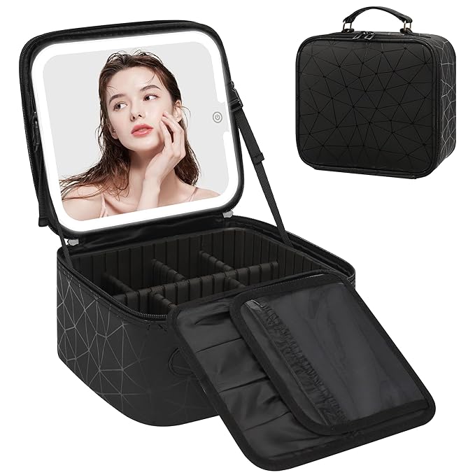 Relavel Travel Makeup Bag With LED Mirror for Women, Cosmetic Organizer Bag with Adjustable Brightness in 3 Color Scenarios, Detachable Dividers, Waterproof Train Case for Daily - Black Strip
