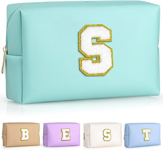 TOPEAST Initial Cosmetic Bag for Women, Preppy Small Makeup Bag, PU Leather Waterproof Toiletry Bag, Monogrammed Birthday Gifts for Women, Stuff for girls (Blue S)