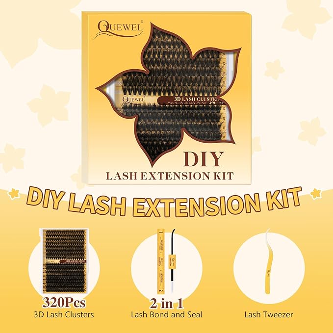 QUEWEL Lash Clusters Kit, 320Pcs 60D+80D 3D Lash Cluster Eyelash Extensions 12-18mm Lash Clusters Kit with Lash Bond and Seal and Lash Tweezers Easy DIY at Home(60+80D 3D Kit)